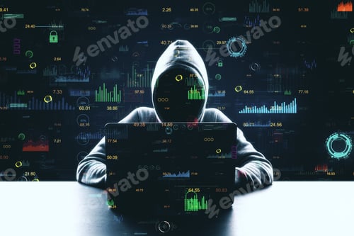 Preview: Hacker At Desktop Using Laptop With Creative Glowing Big Data Interface. Malware And Futuristic