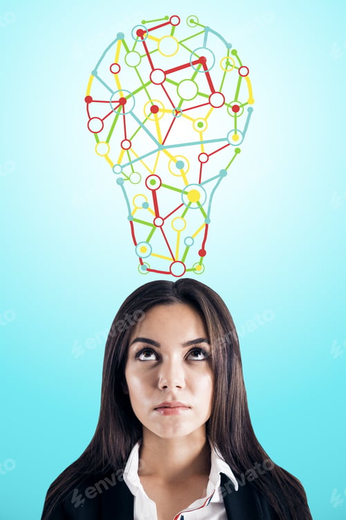 Preview: Thoughtful Young Woman With Light Bulb Sketch On Subtle Background. Idea, Innovation, Inspire And