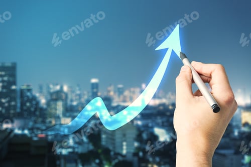Preview: Close Up Of Man Hand Drawing Glowing Upward Digital Arrow On Blurry Night City Background. Success