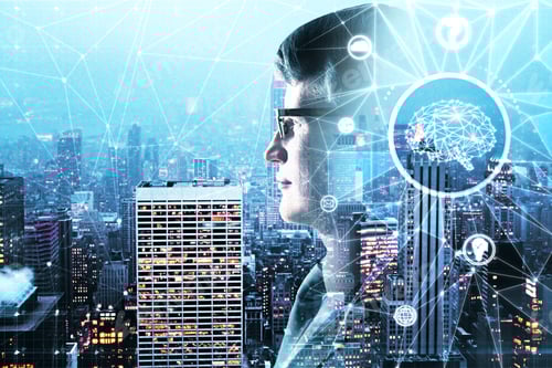 Preview: Abstract Side Portrait Of Handsome Businessman With Polygonal Brain On Night City Background