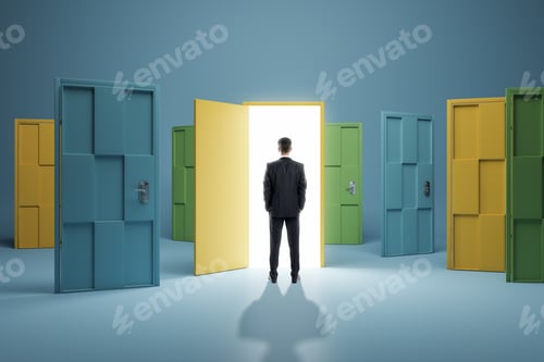 Preview: Man Standing In Front Of Abstract Colorful Puzzle Door In Interior. Future, Choice, Success