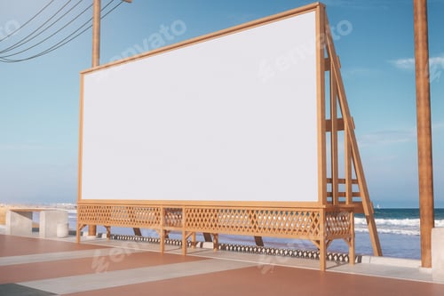Preview: Empty Beach Billboard. Advertisement Concept. Side View. Mock Up, 3D Rendering