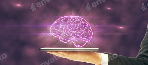 Preview: Close Up Of Hand Holding Tablet With Glowing Human Brain On Dark Purple Background. Artificial