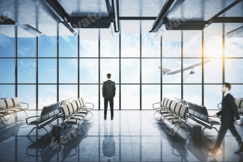 Preview: Businesspeople Standing In Airport Interior With Flying By Airplane. Transportation And Travel