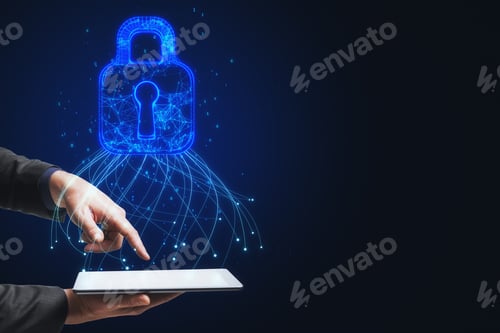 Preview: Close Up Of Male Hand Holding Cellphone With Glowing Blue Padlock Hud On Dark Background With Mock