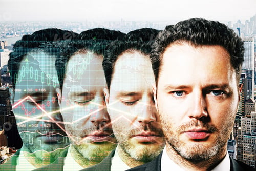 Preview: Four Abstract Transparent Businessmen Portraits On City And Forex Chart Background. Fund Management