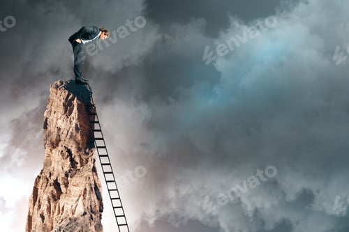 Preview: Businessman On Cliff With Ladder On Sky Background. Research And Risk Concept