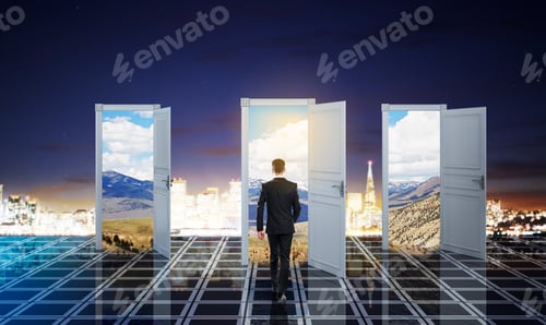 Preview: Businessman Approaching Beautiful Open Opportunity Doors On Modern New York City Rooftop. Success