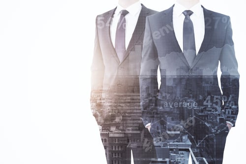 Preview: Businessmen On Abstract City Background With Sunlight And Copy Space. Teamwork And Economy Concept
