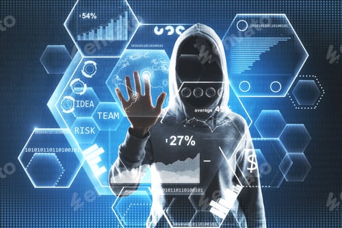 Preview: No Face Hacker In Hoody Pushing Digital Button On Blockchain Screne With Icons And Financial Chart.