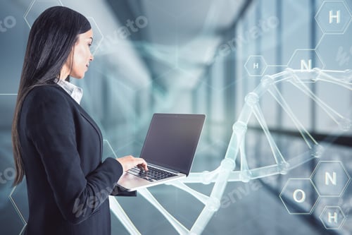 Preview: Bioengineering Concept With Woman In Black Suit With Laptop In Front Of Digital Dna Strand And