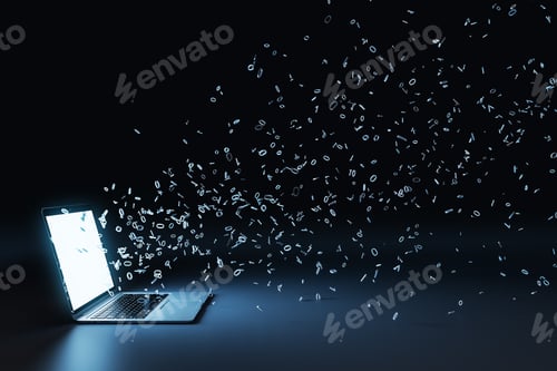 Preview: Laptop With Multipe Particles Flow Coming Out From The Glowing White Screen On A Black Background