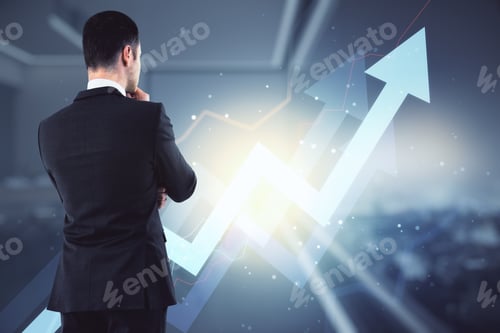 Preview: Successful Young Businessman Is Thinking About Business Development On The Background Of An Up