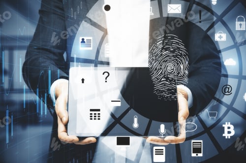 Preview: Hand Holding Digital Tablet With Glowing Finger Print And Data Protection Interface On Virtual