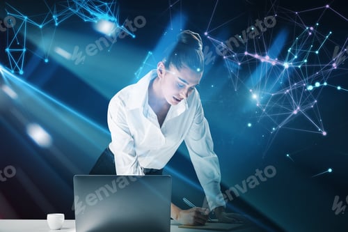 Preview: Portrait Of Attractive Young European Businesswoman Working At Desktop With Abstract Creative