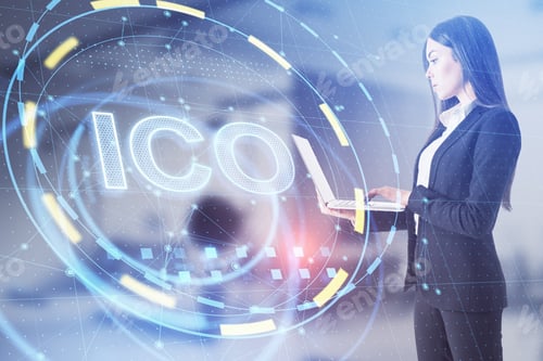 Preview: Attractive European Businesswoman With Laptop Standing In Blurry Office Interior With Glowing Ico