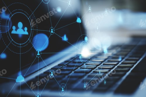 Preview: Laptop On Desktop With Social Media Network Interface Hologram. Analytics And Networking Concept