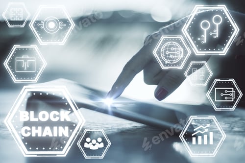 Preview: Hand Using Tablet With Glowing Hologram On Blurry Background. E-Commerce, Cryptocurrency And