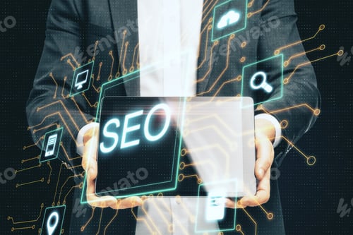 Preview: Using Holding Digital Tablet With Creative Digital Seo Hologram. Search Engine Optimization