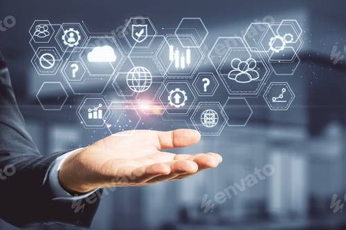 Preview: Hand Holding Abstract Global Business Interface. Server And Technology Concept. Close Up