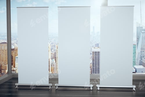 Preview: Blank White Posters On Black Wooden Floor And Glassy Walls With Megapolis City View, Mock Up 3D