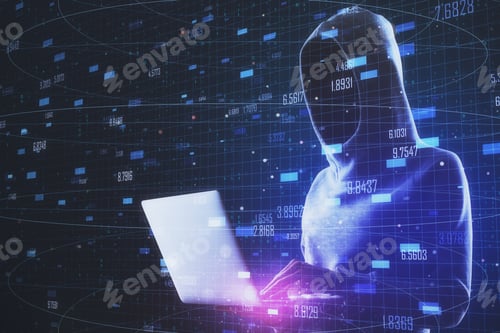 Preview: Hacker Using Laptop With Abstract Digital Big Data Interface. Hack And Ai Concept. Double Exposure