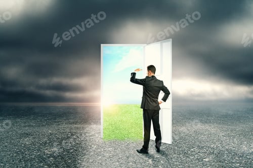 Preview: Businessman With Creative Opportunity Door On Abstract Outdoor Sky Landscape Background. Success