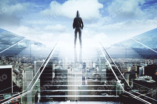Preview: Back View Of Person In Hood Climbing Abstract City Stairs On Sky Background. Success And Leadership