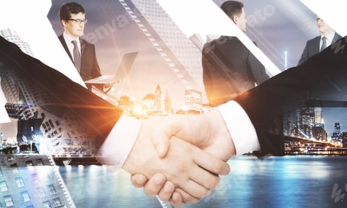 Preview: Close Up Of Handshake On Abstract City Background. Teamwork And Togetherness Concept. Double