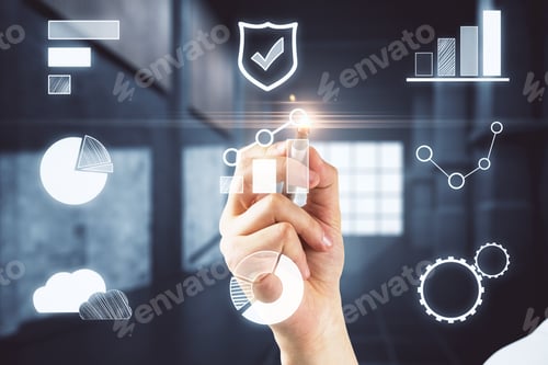 Preview: Hand Pointing At Digital Business Interface On Blurry Office Interior Background. Future And