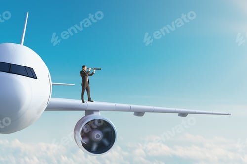 Preview: Businessman Looking At Airplane With Telescope. Research And Transport Concept.