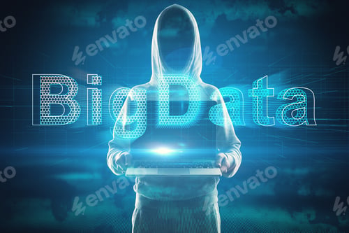 Preview: Hacker Holding Laptop With Creative Glowing Coding Big Data Interface On Blue Background