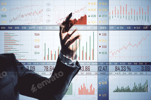 Preview: Businessman Hand Drawing Stock Chart On Virtual Screen. Business And Financial Success Concept.