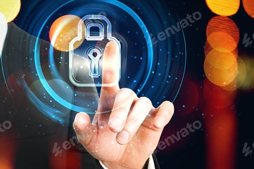 Preview: Close Up Of Businessman Hand Pointing At Creative Padlock Hologram On Blurry Bokeh Background