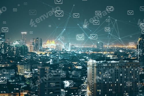 Preview: Abstract Night City Skyline Backdrop With Email Network. E-Mail Marketing And Communication