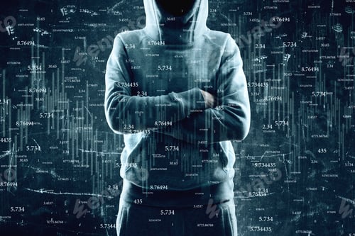 Preview: Hacker With Folded Amrs Standing On Abstract Binary Code Background. Hacking And Finance Concept