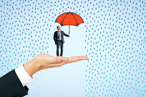 Preview: Hand Holding Businessman With Drawn Umbrella On Blue Rain Background. Protection And Safety Concept