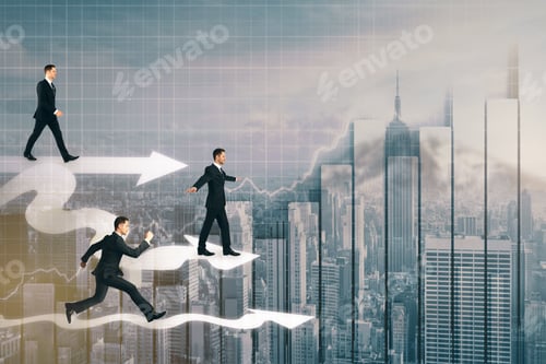 Preview: Side View Of Tiny Businessmen On Arrows. City Background. Teamwork And Finance Concept. Double