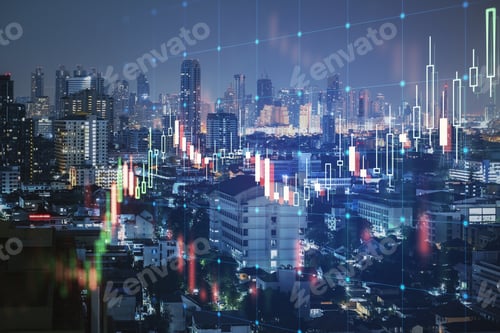 Preview: Creative Glowing Forex Chart Grid And Big Data Hologram On Blurry Night City Background. Trade