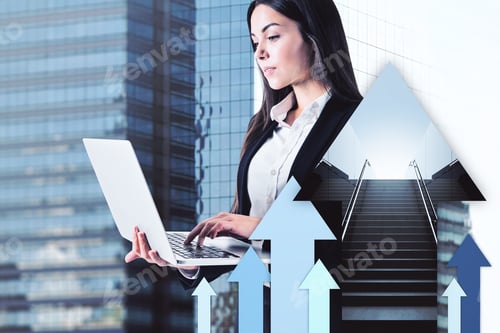 Preview: Portrait Of Attractive Young European Businesswoman Using Laptop Computer On Abstract City
