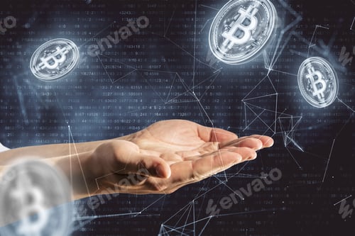 Preview: Glowing Bitcoin Fall In Hand. Cryptocurrency And Payment Concept.