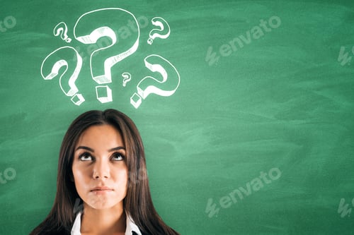Preview: Portrait Of Attractive Young European Businesswoman With Question Mark Drawings On Green