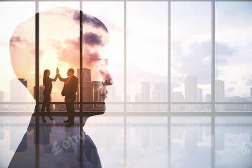 Preview: Thoughtful Businessman Standing In Abstract City Interior With View, Sunlight And Mock Up Place