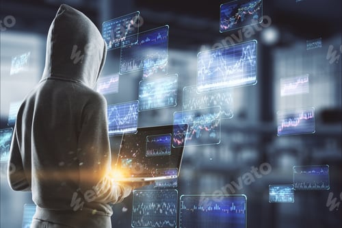 Preview: Hacker In Hoodie Using Laptop With Various Forex Screens On Blurry Office Interior Background