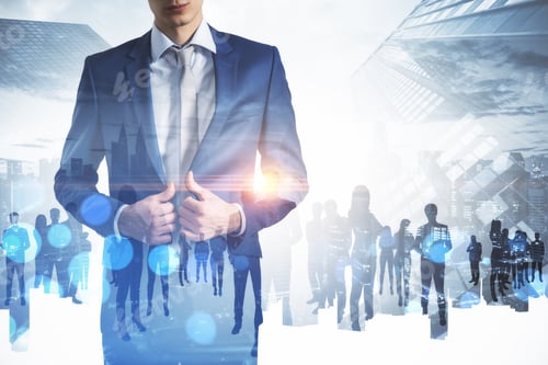 Preview: Crowd Of Businesspeople Standing On Abstract Bright City Background. Teamwork And Success Concept