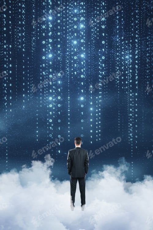 Preview: Back View Of Young Businessman Standing On Abstract Cloud Sky Background. Dream And Innovation