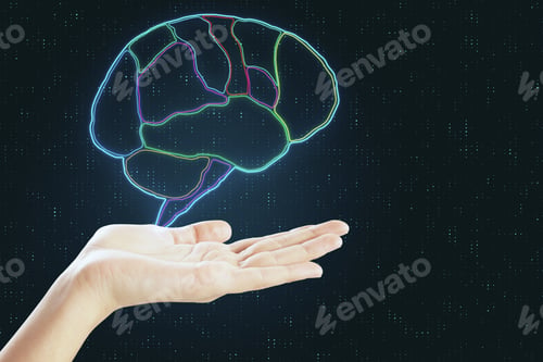 Preview: Digital Human Brain Devided By Lobes Above Human Hand At Abstract Background.