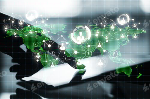 Preview: Hand Usingt Backlit Tablet With Digital Polygonal Map. Global Business And Network Concept. Double