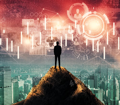 Preview: Back View Of Young Businessman On Mountain Top Looking At Digital Business Hologram In Space And