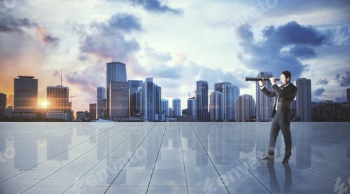 Preview: Young Businessman Using Binoculars On Modern City Background. Research And Vision Concept
